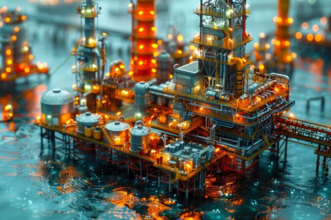 Offshore industrial platform for oil and gas production in the ocean underwater, concept of oil production and oil refining,