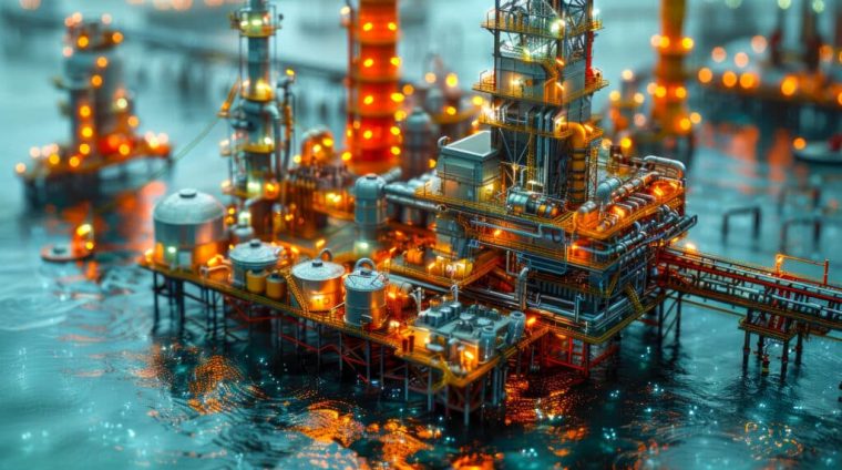 Offshore industrial platform for oil and gas production in the ocean underwater, concept of oil production and oil refining,
