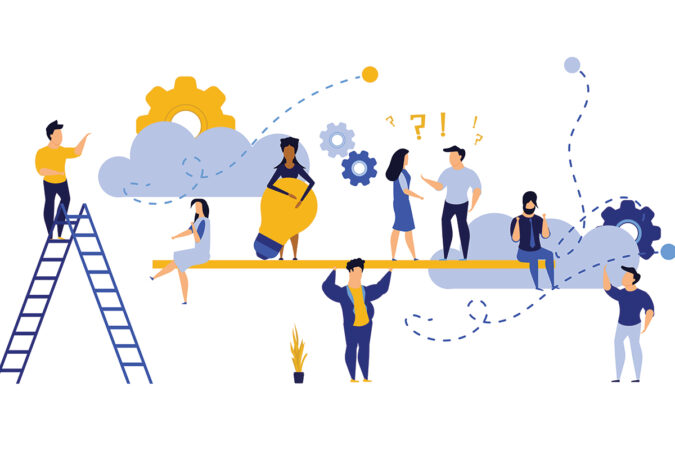 People teamwork idea vector illustration. Business work balance exercise harmony. Time investment concept background. Team mind man and woman group banner office. Career company success coworker