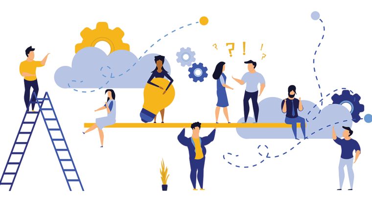 People teamwork idea vector illustration. Business work balance exercise harmony. Time investment concept background. Team mind man and woman group banner office. Career company success coworker